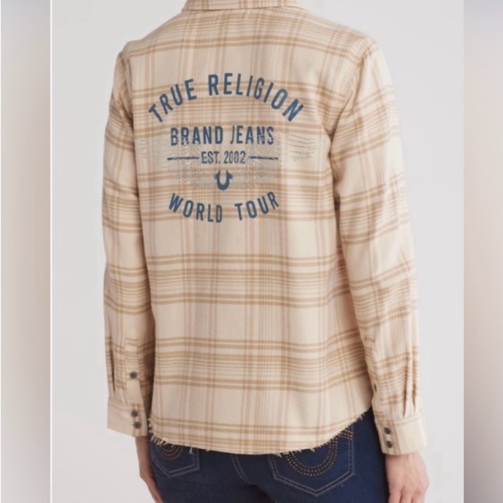NWT True Religion Beige Plaid Button Down 100% Cotton Shirt